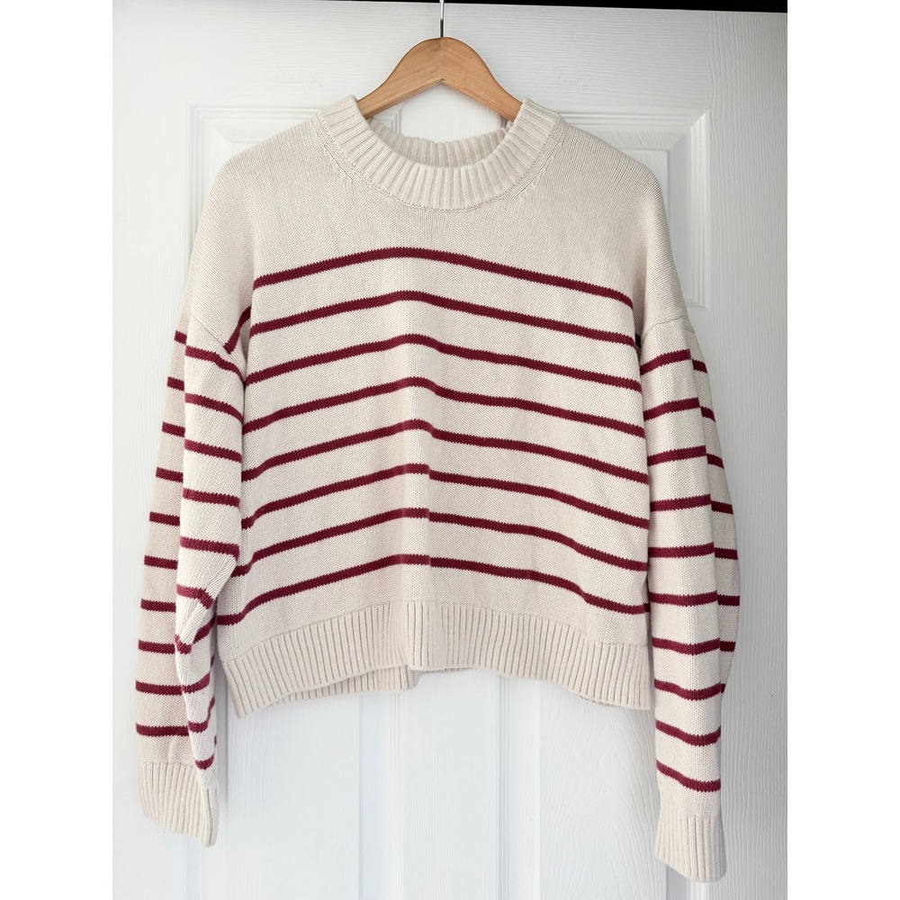 GAP Womens Knit Cream Striped Crewneck Sweater Coastal Preppy French Girl